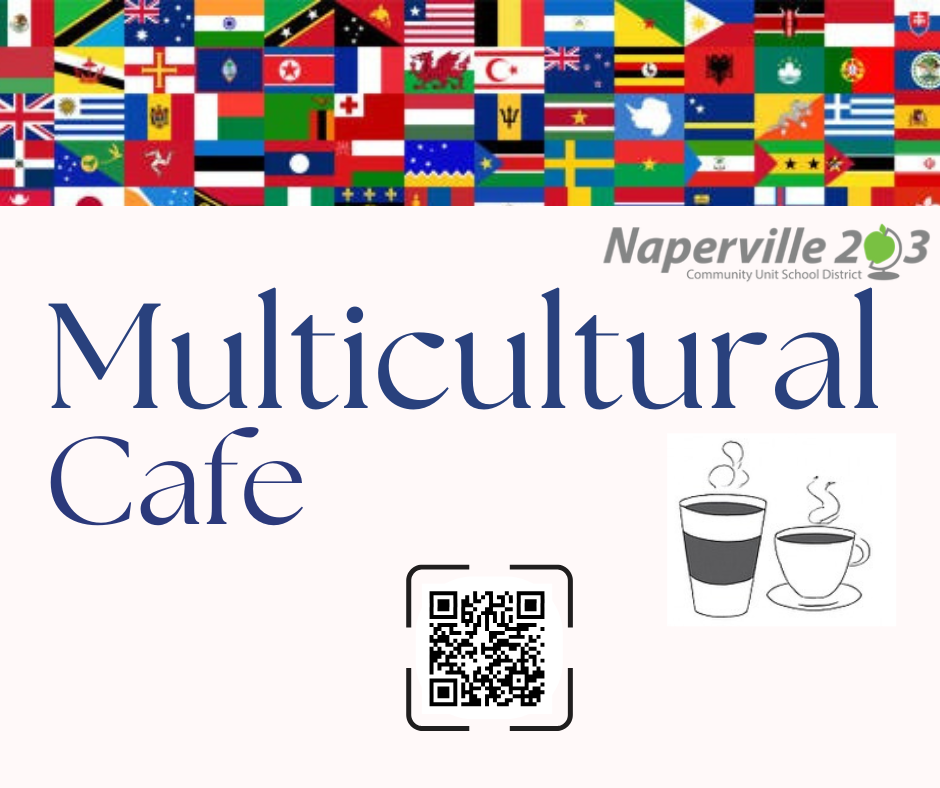  Country flags and Multicultural Cafe text alongside a QR code and a picture of a cup of coffee.